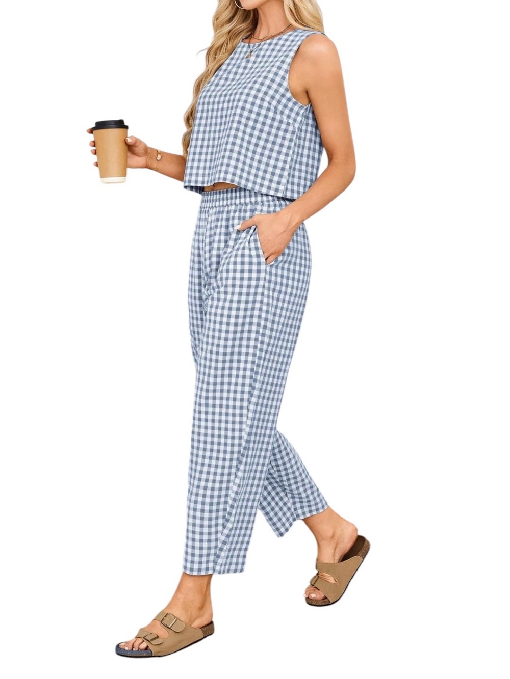 Gingham Blue Sleeveless Crop Top & Pants Set